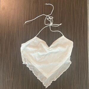 women’s white heart-shaped halter top with ruffles. has strings for tying around